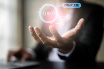 Obraz premium Close up of hands and fingers working on the invisible button on screen and typing the keyboard with the interface button and futuristic technology.