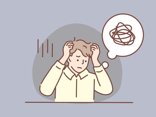 悩む男性のイラスト(困る、悩み、考える、問題、不安、調べる、困惑、疑問、解決、？) Confused man thinking together. People with question marks vector illustration.