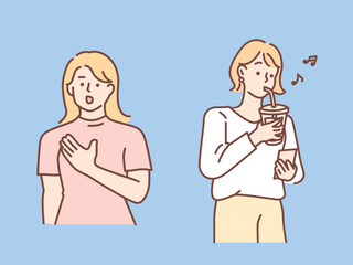 コーヒーを飲む、考え事をするイラスト(待ち合わせ、意見を話す、ボーっとする、スマホをいじる、時間を潰す) Illustration of drinking coffee and thinking.Meet, talk, daze, fiddle with your smartphone, and kill time.