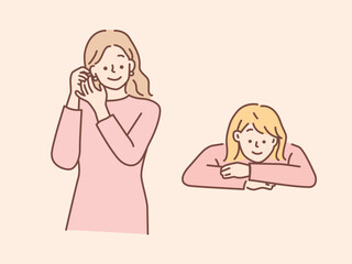 身だしなみを整える女性のイラスト(お出かけ、考え中、のんびり、優しい)