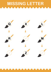 Missing letter with Paintbrush. Worksheet for kids