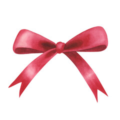 Red silk ribbon bow isolated on white background. Watercolor hand drawn illustration. Art for design gifts accessory