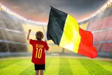 Belgium football fan. Belgian kids play soccer.