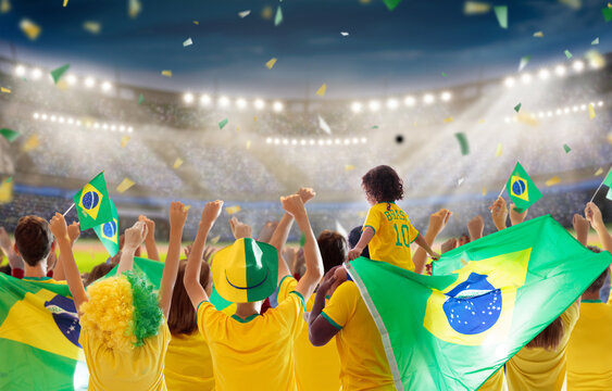 Brazil Football Team Supporter On Stadium.