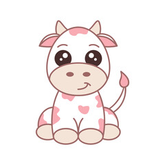 Obraz na płótnie Canvas Cute pink strawberry cow. Funny animal cartoon character. Cow sitting and smiling. Baby cow with pink spots. Vector Illustration flat, clip art. Kids calf doodle drawing with outline. White background