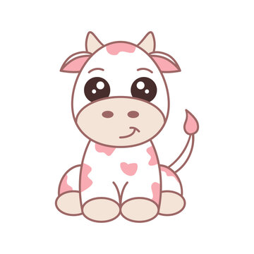 Cute pink strawberry cow. Funny animal cartoon character. Cow sitting and smiling. Baby cow with pink spots. Vector Illustration flat, clip art. Kids calf doodle drawing with outline. White background