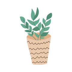 Cozy house plant, flower in pot, foliage plant in cartoon style, in warm colors. Template for web, card, poster, sticker, banner. Hygge hand drawn illustration isolated on background. Cute clipart.