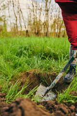 a woman digs the ground with a shovel for planting a plant in the country