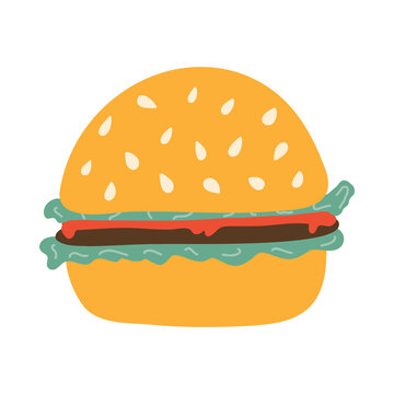 Cute tasty big hamburger or cheeseburger in flat style. Fast food with bun, salad, beef, ketchup and sesame. American unhealthy meal. Hand drawn vector illustration clipart isolated on background.