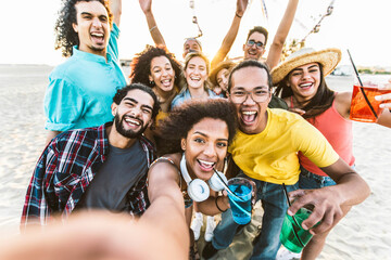 Multiracial friends group taking selfie picture on summer vacation - Young people having fun at...