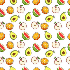Vector illustration seamless pattern orange, apple, watermelon, avocado on white background.