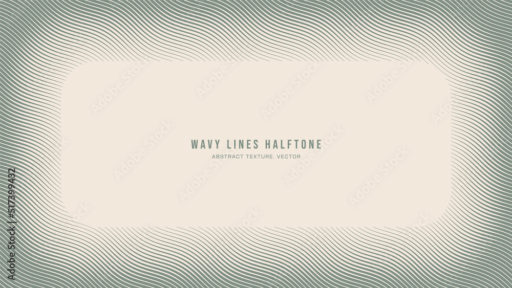 Poster wavy ripple lines halftone engraving pattern abstract vector vignette rounded frame pale green borde