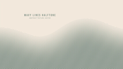 Wavy Ripple Lines Halftone Engraving Pattern Abstract Vector Harmony Rhythm Curved Pale Green Border Isolated On Light Background. Half Tone Art Graphic Aesthetic Neutral Wallpaper. Bent Form Backdrop - obrazy, fototapety, plakaty