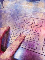 ATM keypad. A man enters a numerical code. Banks and Finance. Digital watercolor painting. Canvas texture