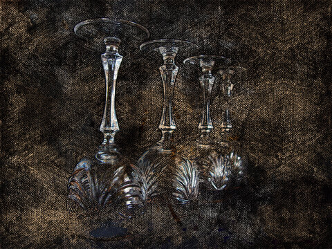 Empty crystal glasses in a row. Upside-down champagne or wine glasses on a dark background. Digital watercolor painting. Canvas texture