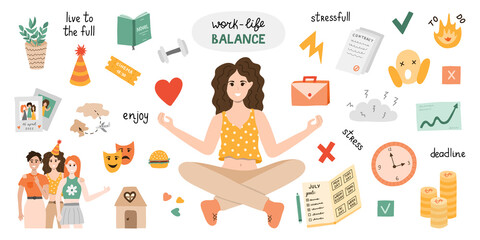 Work–life balance vector set with lettering and clipart. Woman sits in yoga lotus position, balances between life and work. Comparison between home, friends, love and career, money, finances, job.