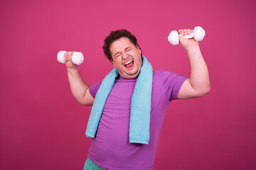 Fitness and healthy lifestyle. Funny fat man and sport.