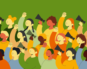 A crowd of protesters with fists in the air and megaphones at the demonstration. Color flat vector illustration