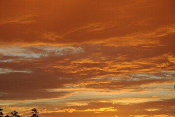 Red-orange sky with dense clouds. Sunset colors. Gold, orange, red, blue stripes. Silhouette of a building and tree branches.