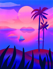 Boat In The Ocean, Sunset Illustration Vector