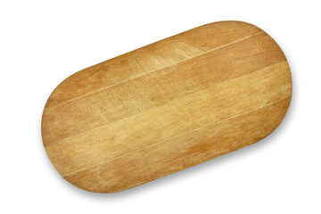 Top view of an empty wooden cutting board isolated on a white bakcground. 