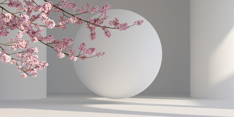 japanese style architect and sakura tree with big ball white background. 3d rendering for presentation branding, product, cosmetic and illustration.