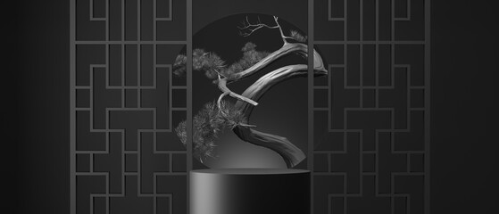 japanese style minimal abstract cosmetic background.3d podium and bonsai tree with black background for product presentation. 3d rendering illustration.