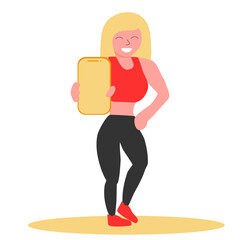 Fitness girl show mobile phone with empty screen. Smartphone for healthy lifestyle concept, vector