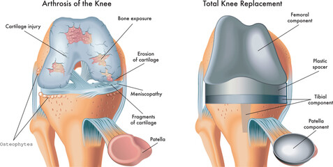 Medical illustration shows an arthrosis of the knee and total knee replacement, with annotations.