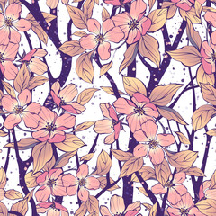 Seamless floral pattern. Branches of flowers and leaves.
