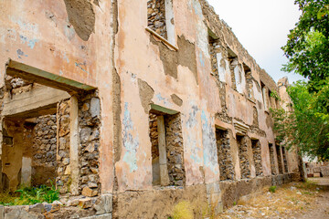 Destroyed and abandoned buildings of the city after the war, bombing, Apocalypse Dead city, ruins, evacuation.