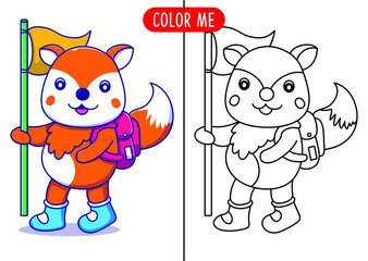 cartoon cute fox with flag coloring page or book for kids