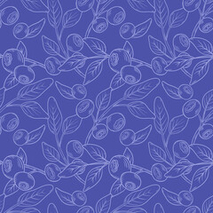 Vector pattern with blueberries. Blueberry berries with twigs of leaves in a hand-drawn style.