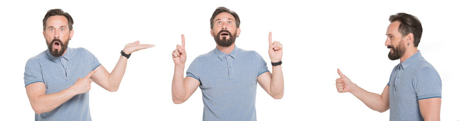 Fototapeta premium Collage of amazed bearded man pointing by fingers up, left, man profile with showing big thumb. Man looking above with pointing up. shot of man with different emotional position and pointers.