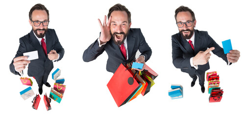 Collage of emotions of attractive businessman with shopping bags and credit card in hands. Shocked man of sales proposal isolated on white background. Amazed bearded man holding credit cards in hand