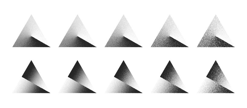 Clockwise Gradient And Shifted Triangle Abstract Shapes Vector Set In Different Variations Isolate On White Background. Various Degree Black Noise Dotted Figure Design Elements Texture Collection