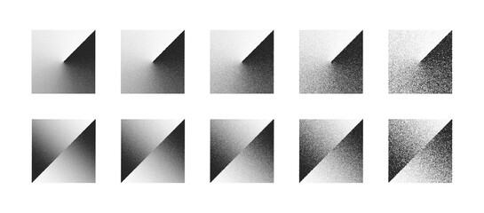 Clockwise Gradient And Shifted Square Abstract Shapes Vector Set In Different Variations Isolated On White Background. Various Degree Black Noise Dotted Figures Design Elements Texture Collection