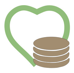 The benevolence. A row of coins on the right, a large green heart in the background