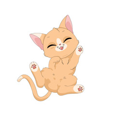Ręcznie rysowany uroczy mały rudy kotek. Wektorowa ilustracja zadowolonego, rozbawionego kota. Słodki, zabawny zwierzak. Obrazki dla dzieci.	 - obrazy, fototapety, plakaty
