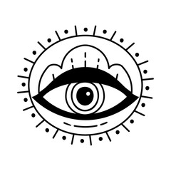 Evil doodle eye. Hand drawn witchcraft eye talisman, magical religion sacred symbol in a trending minimal linear style. For t-shirt prints, boho posters, cards, covers, logo designs and tattoos.