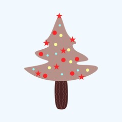 Christmas trees in a cartoon, cute, flat style. If decorated with balloons, garlands, hearts and stars. If green, gray, beige, purple colors.