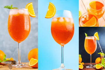 Aperol Spritz collage. Cocktail Aperol Spritz with orange slice and bar tools. Summer alcoholic cocktail concept