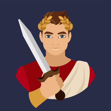 The avatar depicts a man with a golden laurel wreath on his head, wearing a red shirt in the Roman-Imperial style with a golden toga. Historical costumes. Flat illustration.