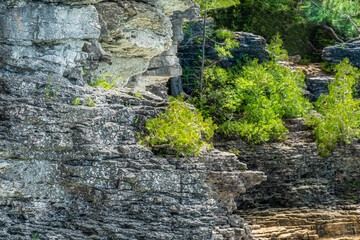 View of Indian Head Cove landscape near Grotto and Overhanging rock tourist attractions in Tobermory, Ontario, Canada. Caves of Bruce Peninsula National Park on lake Huron.
