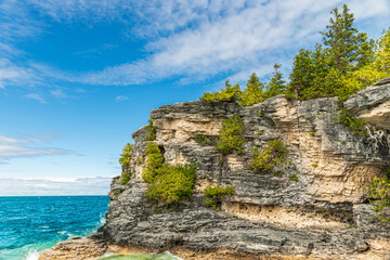 Colourful green waters at Indian Head Cove on lake Huron in Bruce Peninsula National Park and clear...