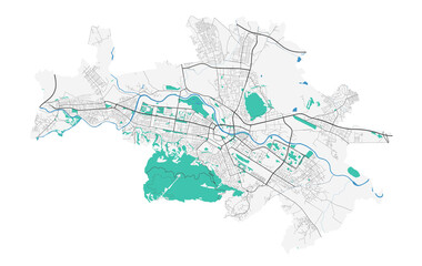 Skopje vector map. Detailed map of Skopje city administrative area. Cityscape panorama illustration. Road map with highways, streets, rivers. - obrazy, fototapety, plakaty