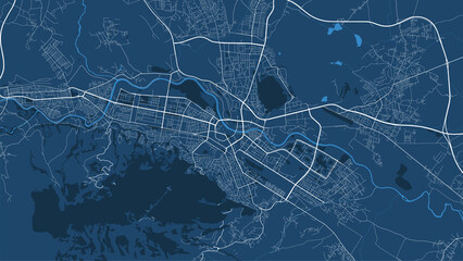 Detailed vector map poster of Skopje city, linear print map. Blue skyline urban panorama.