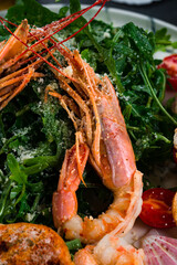 Salad with grilled giant langoustine shrimp, prawns and arugula