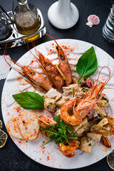 Piquant Panzanella with bread, cheese in plate. Italian cuisine. panzanella salad. Mediterranean healthy food