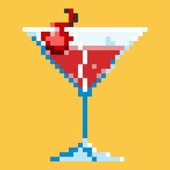 a glass of wine with cherry in pixel art illustration